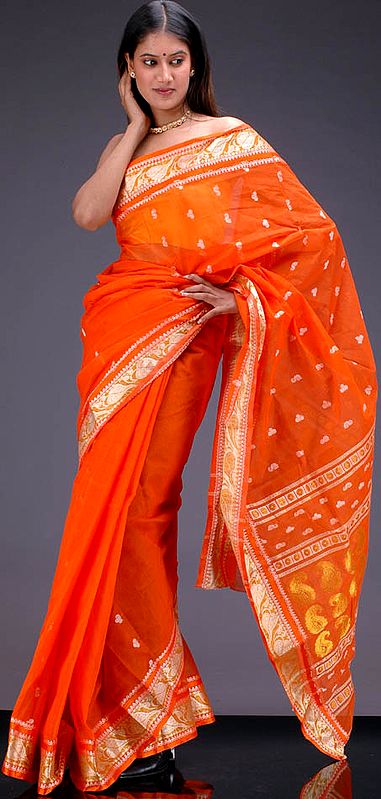 Orange Bengal Cotton Sari with Golden Thread Work and Bootis