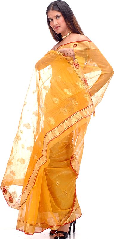 Orange Chanderi Sari with Golden Bootis