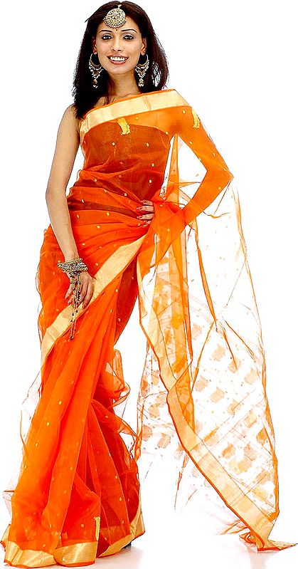 Orange Chanderi Sari with Golden Border and Bootis