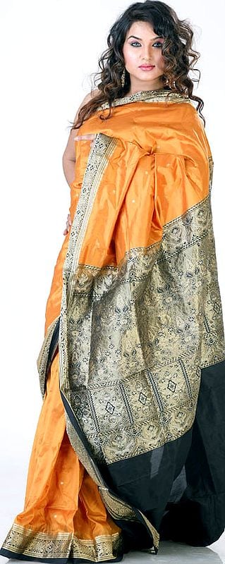 Orange Coimbatore Sari with Golden Zari Bootis and Pallu