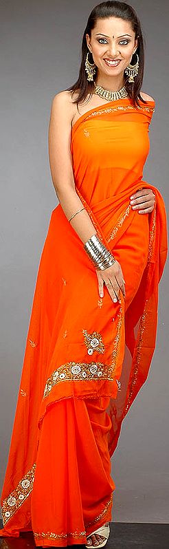 Orange Georgette Sari with Sequins and Threadwork