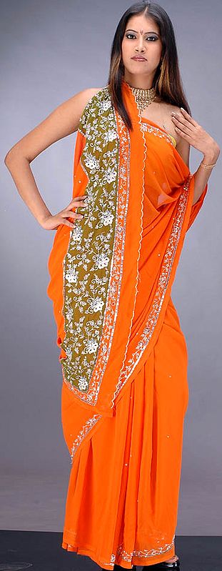 Orange Georgette Sari with Sequins