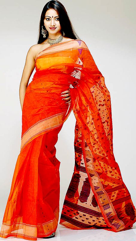 Orange Handwoven Sari from Bengal with Blue Threadwork