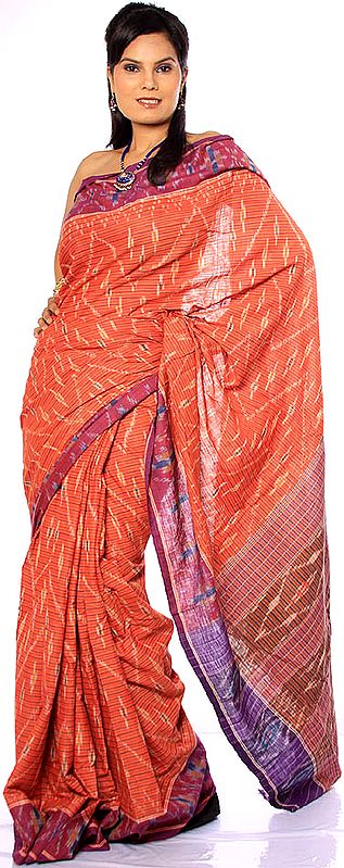 Orange Hand-Woven Sari with Ikat Weave