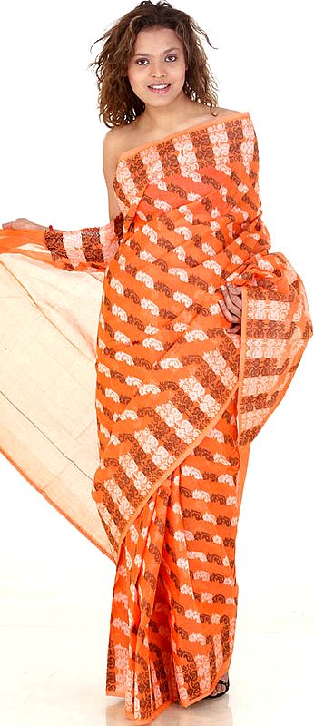Orange Jamdani Sari Hand-Woven in Kolkata