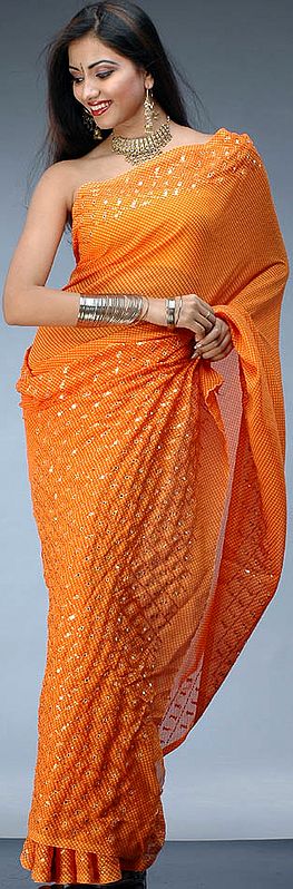 Orange Leheria Sari with Mirror Work