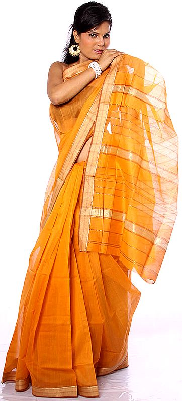 Orange Maheshwari Sari with Golden Thread Weave on Border and Pin Stripes