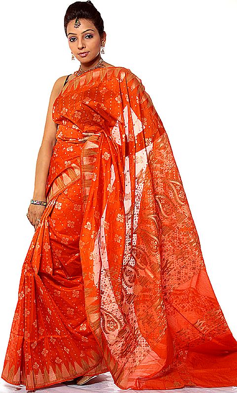 Orange Sari from Banaras with All-Over Weave by Hand in Jute and Golden Thread
