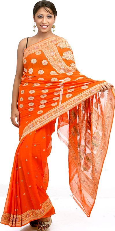 Orange Sari from Banaras with Bootis Woven All-Over and Brocaded Pallu
