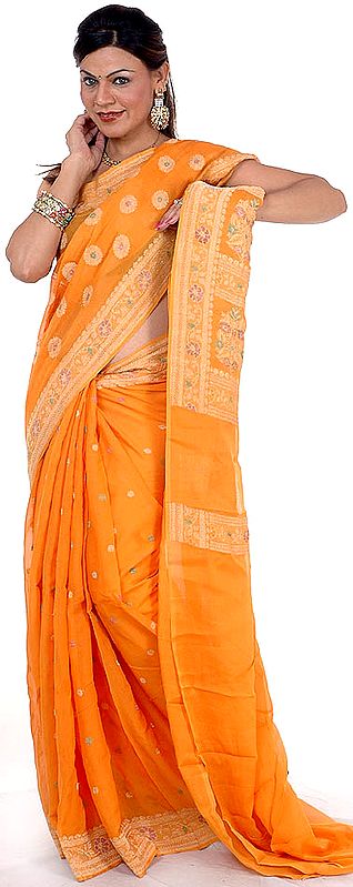 Orange Sari from Banaras with Flowers Woven All-Over and Brocaded Pallu