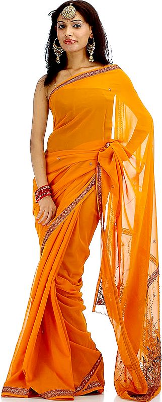 Orange Sari with Antique Beadwork and Gota Border