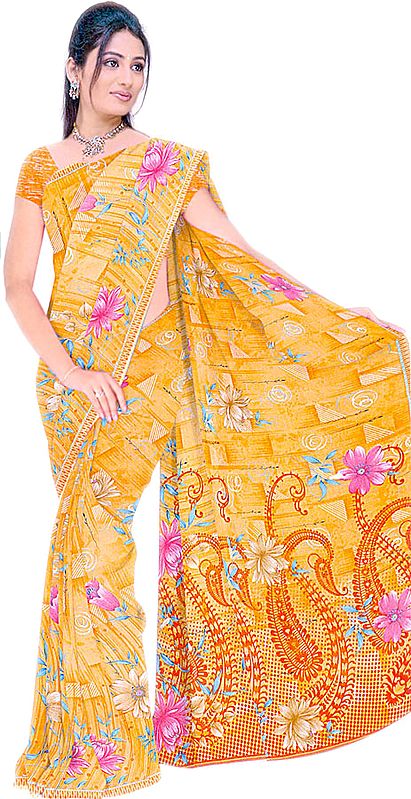 Orange Sari with Printed Paisleys and All-Over Thread Work