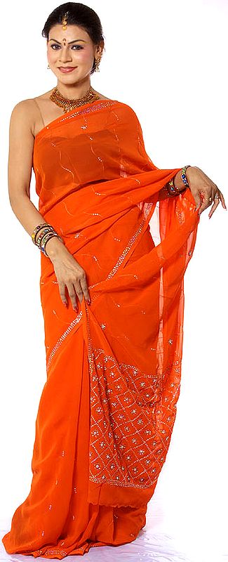 Orange Sari with Sequins and Beads