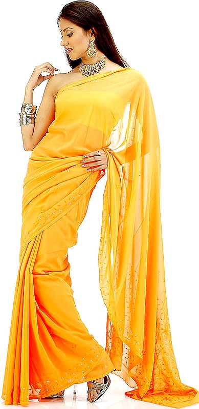 Orange Sari with Threadwork and Sequins
