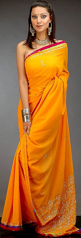 Orange Sequined Sari with Purple Border