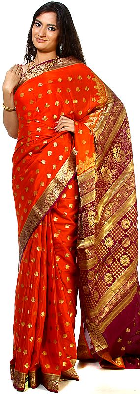 Orange Suryani Hand-woven Sari from Mysore with Woven Leaves and Brocaded Anchal
