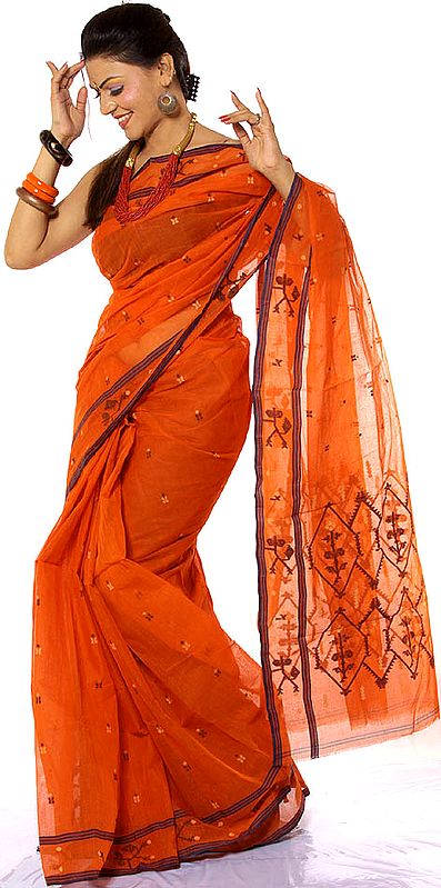 Orange Tengail Sari from Calcutta with Thread Weave