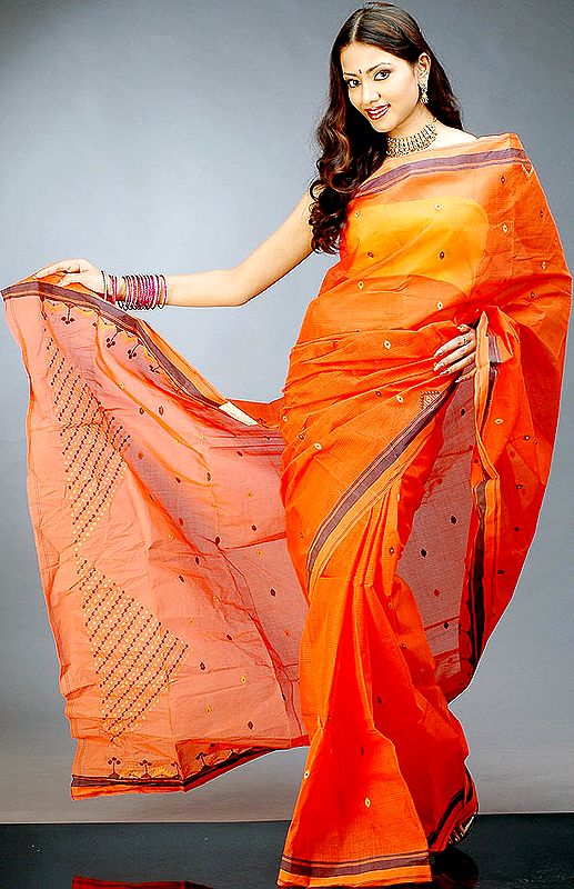 Orange Tengail Sari with Dhakai Weave