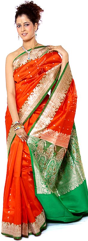 Orange Valkalam Sari with Golden Zari Weave on Border