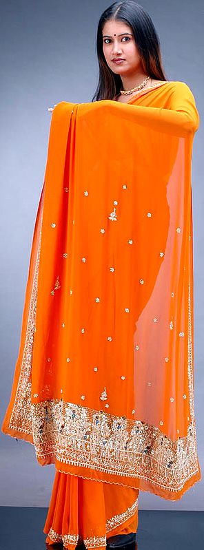 Orange Wedding Sari with Heavy Embroidery on Pallu and Border
