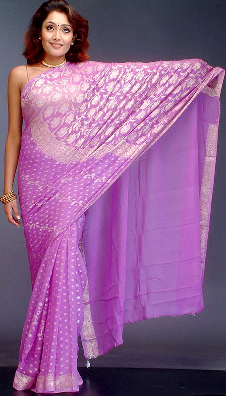 Orchid Brocaded Sari from Banaras with Silver and Golden Thread Weave
