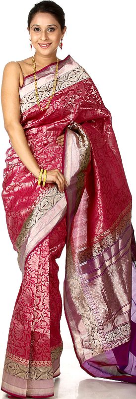 Orchid Handloom Jamdani Sari from Banaras with All-over Woven Lotuses by Hand