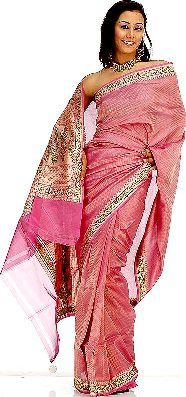 Orchid Valkalam Sari with All-Over Golden Thread Weave