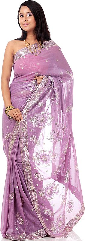 Orchid-Mist Sari with Embroidered Sequins and Self Weave