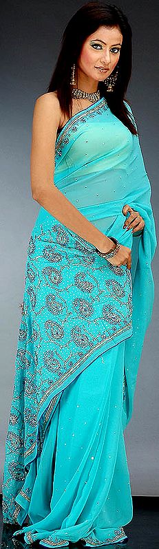 Paisley Aquamarine Sari with Sequins and Threadwork