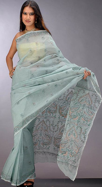 Pale Sea-Green Cotton Sari with Kantha Stitch