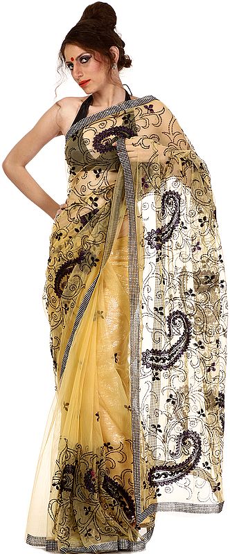 Pale Yellow Designer Sari with Embroidered Paisleys and Crystals Patch Border