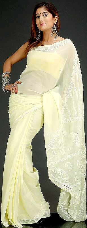 Pale Yellow Lukhnavi Chikan Sari