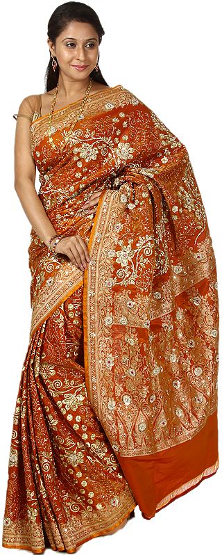 Rust Banarasi Satin Sari with Woven Flowers and Embroidered Beads by Hand