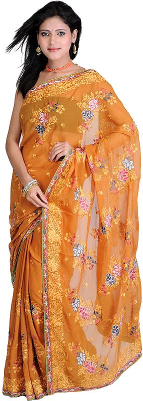 Pale-Gold Sari with Aari Embroidered Flowers All-Over