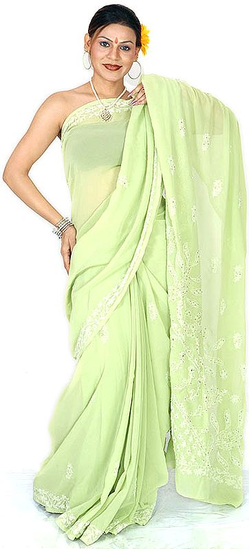 Pale-Green Lukhnavi Chikan Sari with Sequins