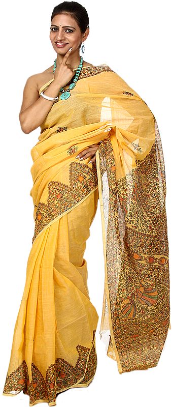 Pale-Marigold Madhubani Hand-Painted Sari from Bihar