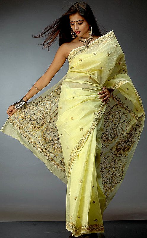 Pale-Yellow Cotton Sari with Kantha Stitch