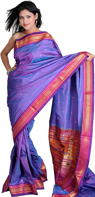 Passion-Flower Purple Paithani Sari with Hand-woven Peacocks on Anchal