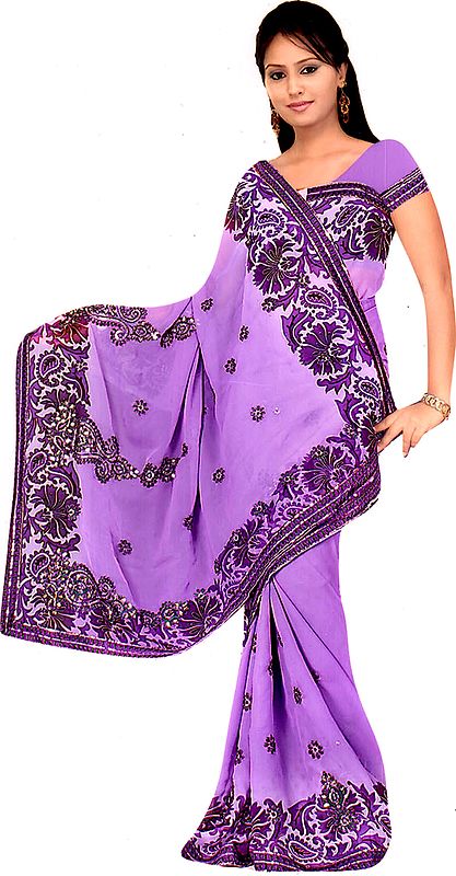 Passion-Flower Purple Sari with Printed Paisleys and Aari-Embroidery