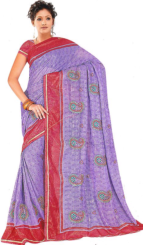 Passion-Purple Shimmer Sari with Self Weave and Embroidered Paisleys All-Over