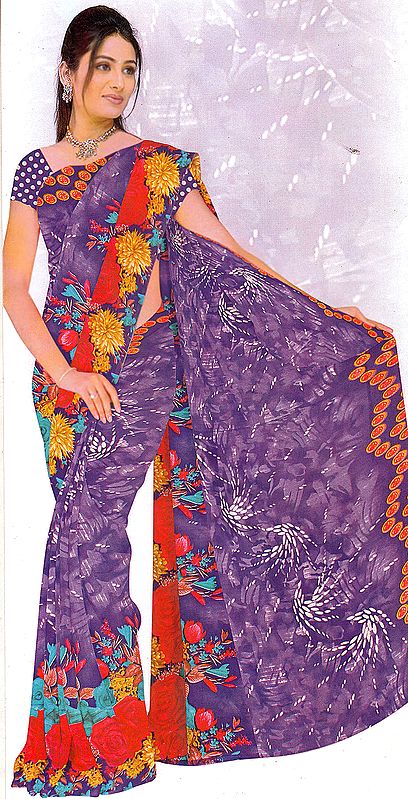 Passsion- Flower Purple Floral Printed Sari with Bead work and White Strikes