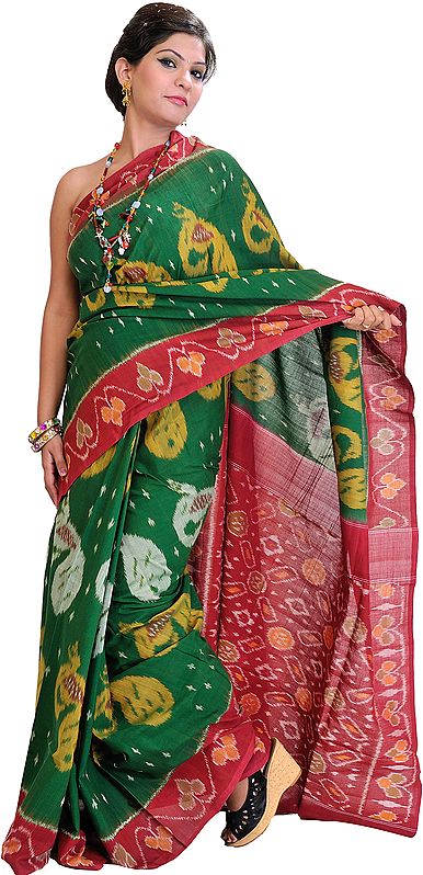 Pastures-Green Sari from Pochampally with Ikat Woven Paisleys