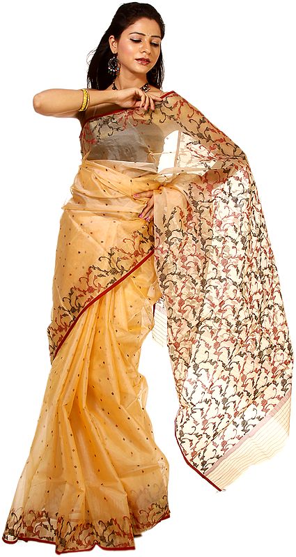 Peach Chanderi Sari with Woven Bootis and Flower Leaves All-Over