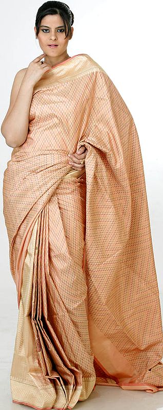 Peach Jamawar Banarasi Sari with All-Over Bootis Woven by Hand