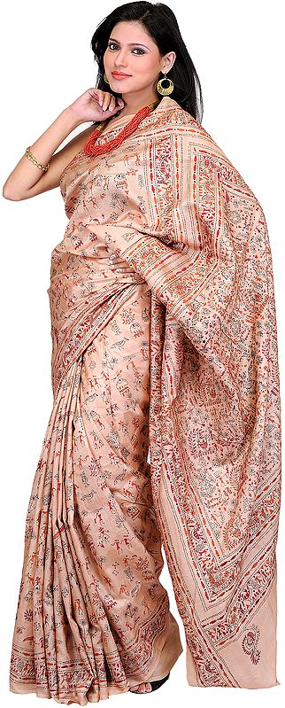 Peach Kantha Sari from Bengal with Warli Folk Motifs Embroidered by Hand