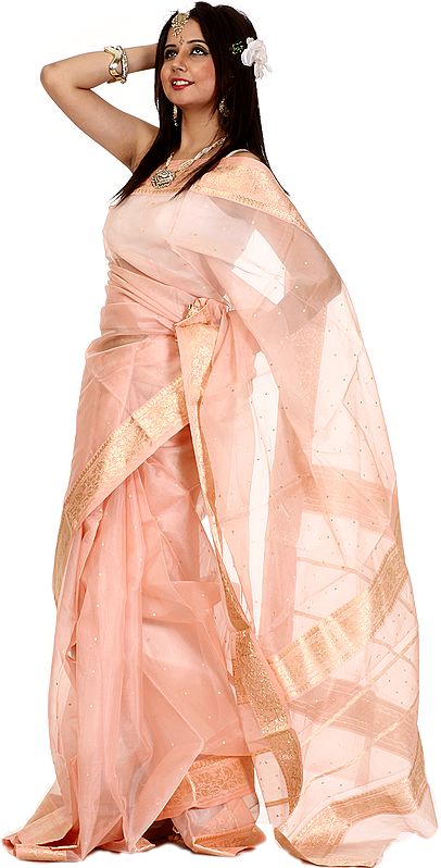 Peach Pink Chanderi Sari with Wide Golden Border and All-Over Woven Bootis