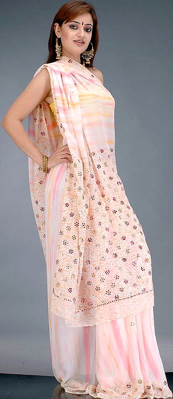 Peach Sari with Mirrorwork and Sequins