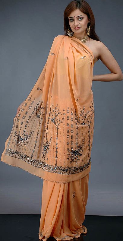 Peach-Orange Sari with Threadwork and Beads