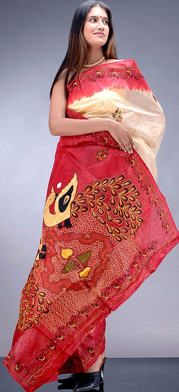 Peacock Tussar Silk Sari with Kantha Stitch