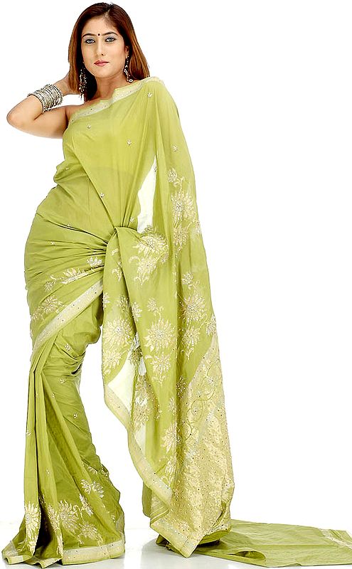 Pear Green Valkalam Sari with Beads and Sequins